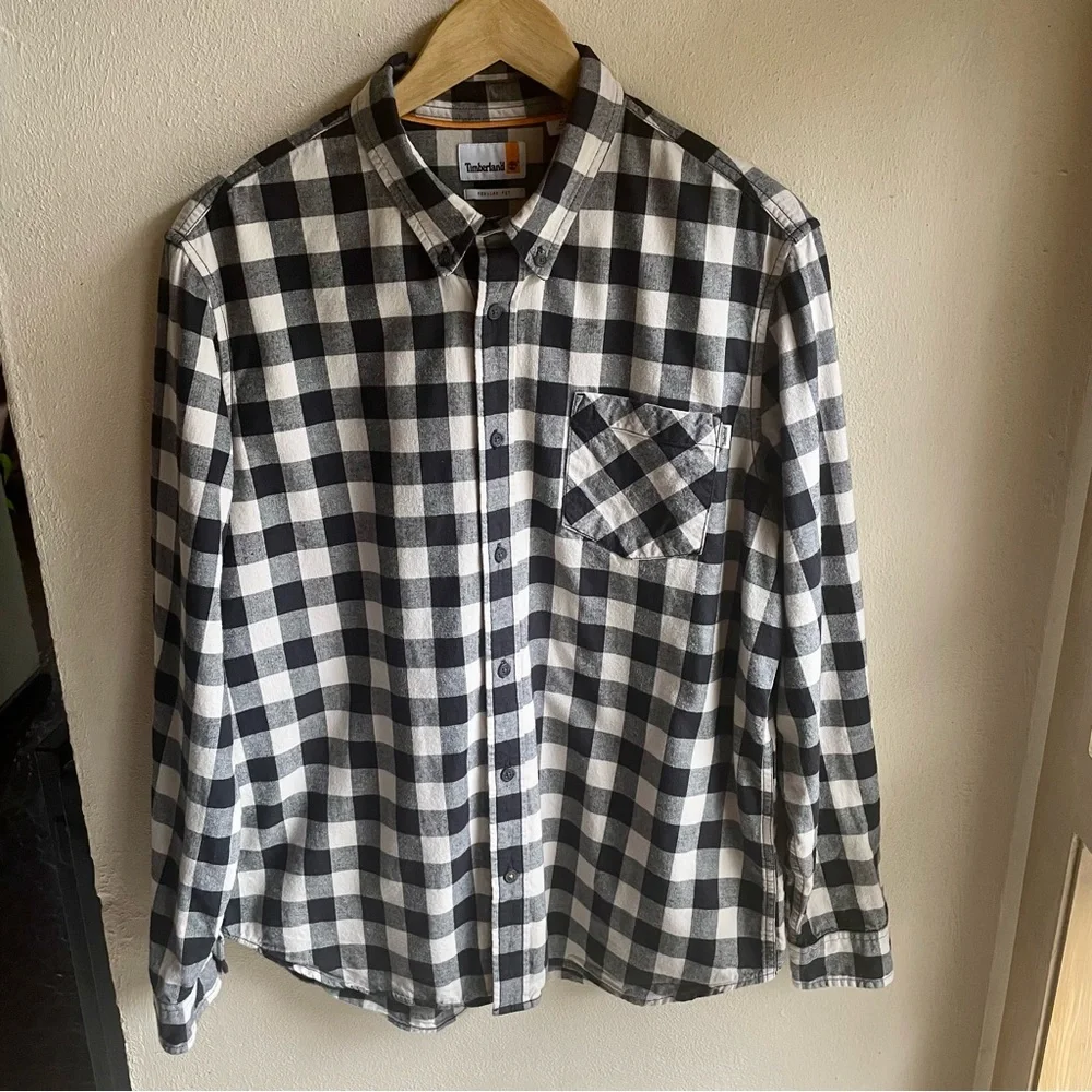 Timberland Flannel/ Chambray Buffalo Check Button-down Shirt. Cream/ Black XL